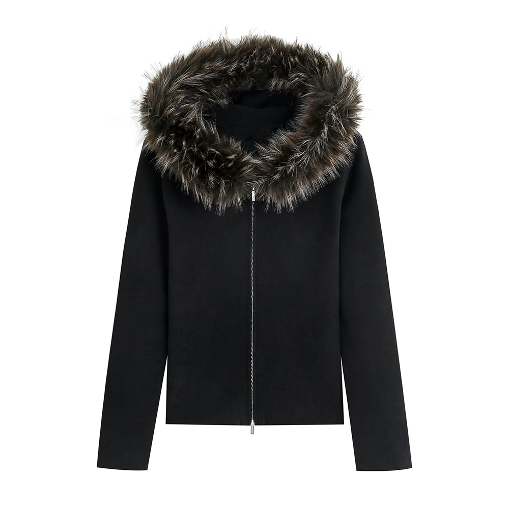 Women's fur collar zipper hooded knitted cardigan