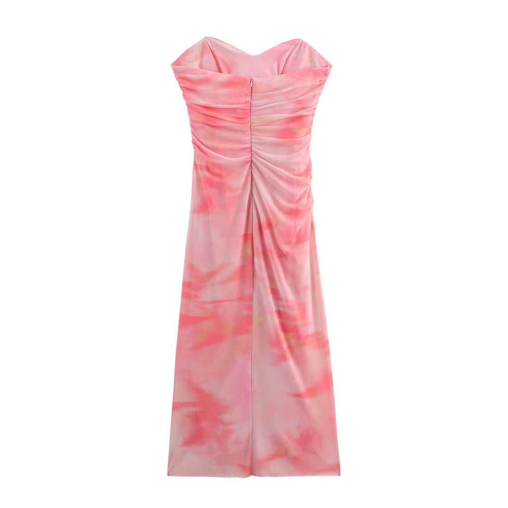 Women's summer new printed tulle strapless MIDI dress