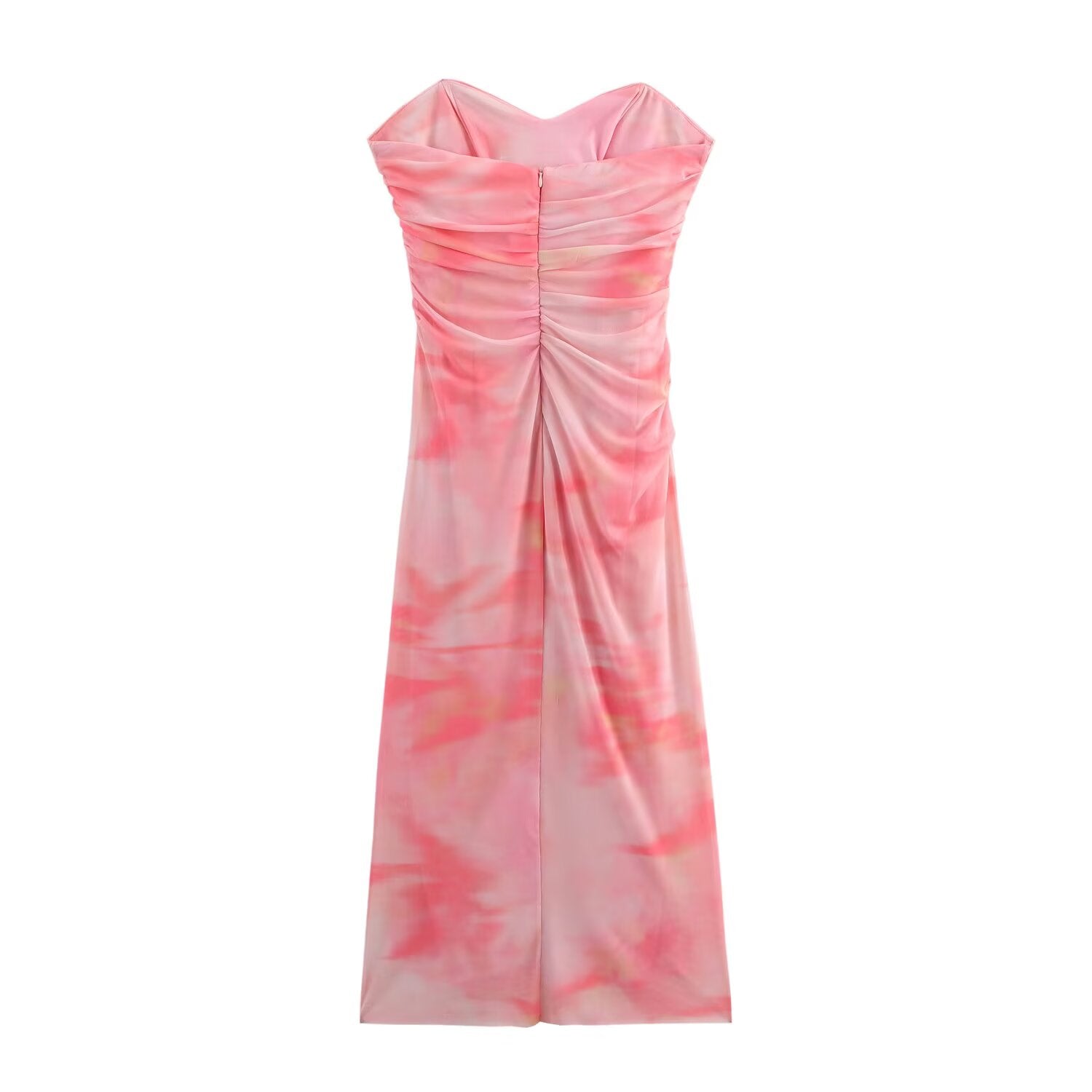 Women's summer new printed tulle strapless MIDI dress
