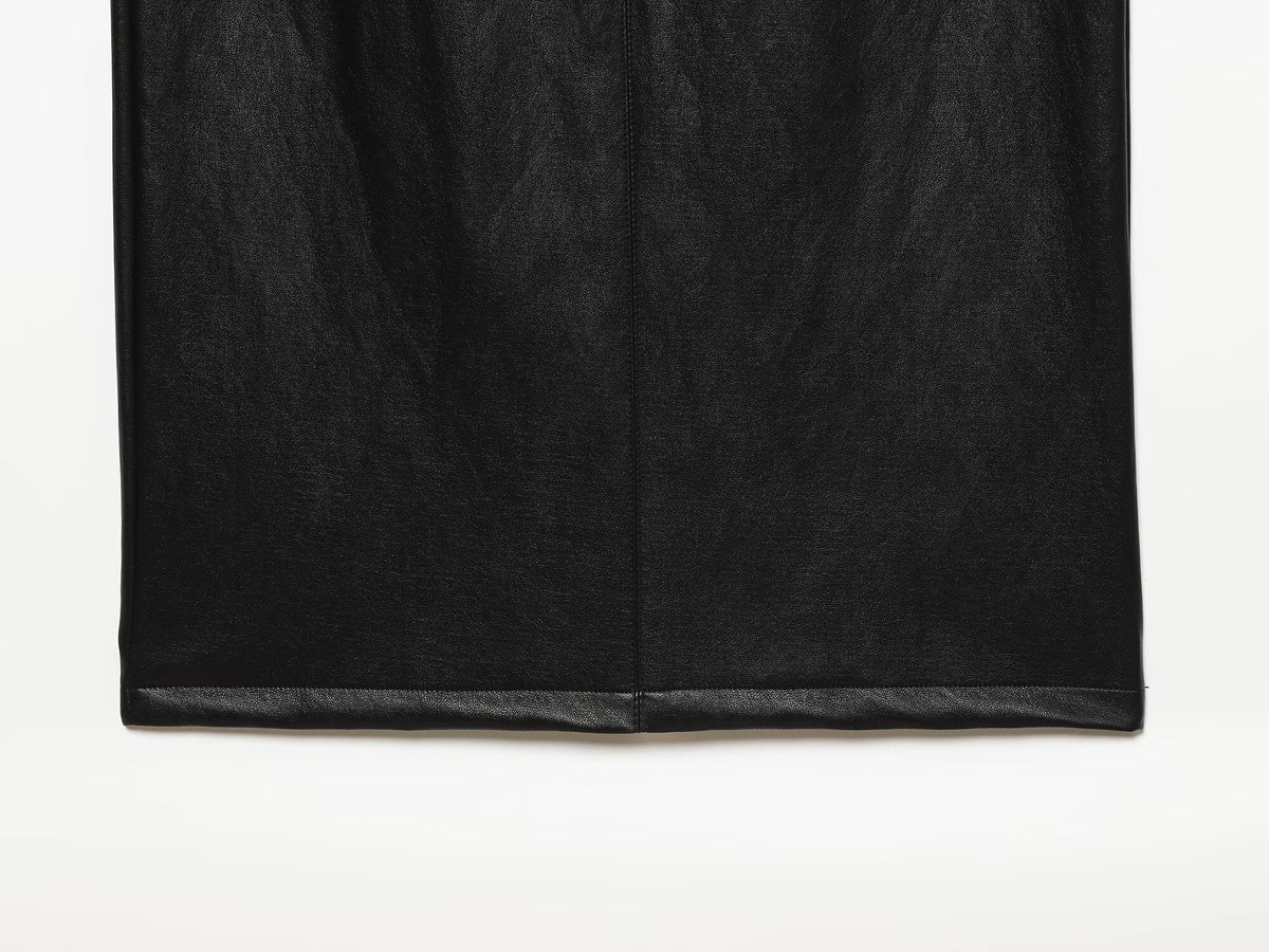 Women's black slim leather effect MIDI dress