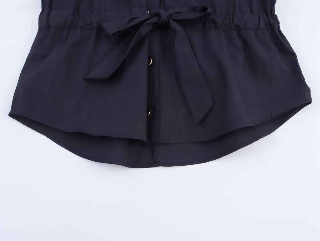 Women's New Fashion With Belt Casual Single breasted Poplin Shirt