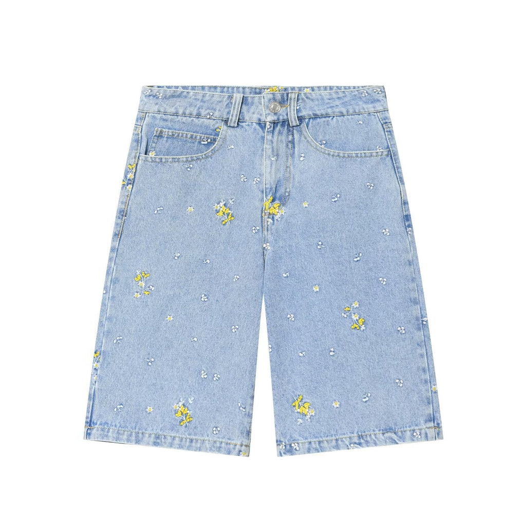 suit Women's 2 pieces flower embroidered denim jacket Coat+Shorts