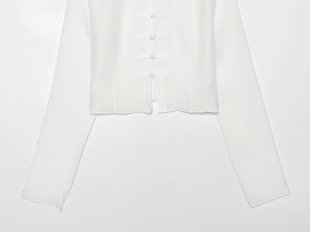 Women's standing collar buckle short top