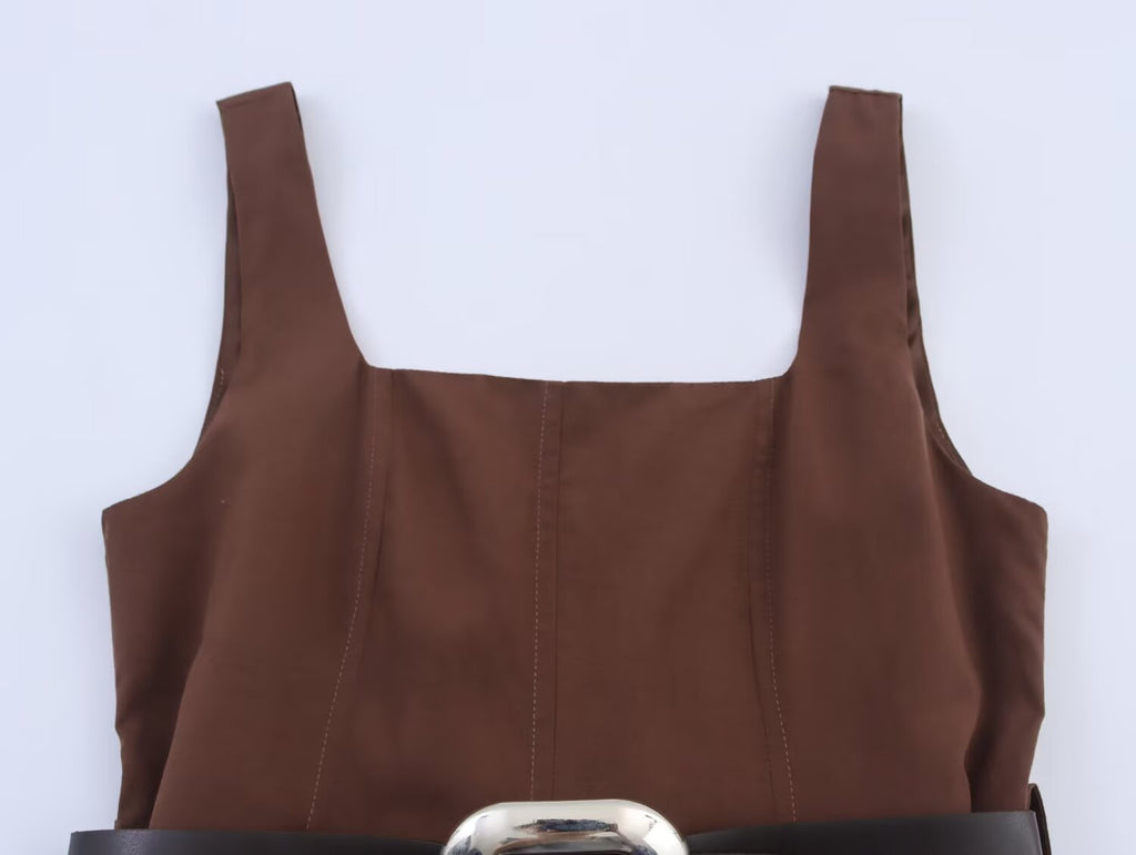 Women's Fashion With Belt Sleeveless Wide Shoulder Strap Midi Dress