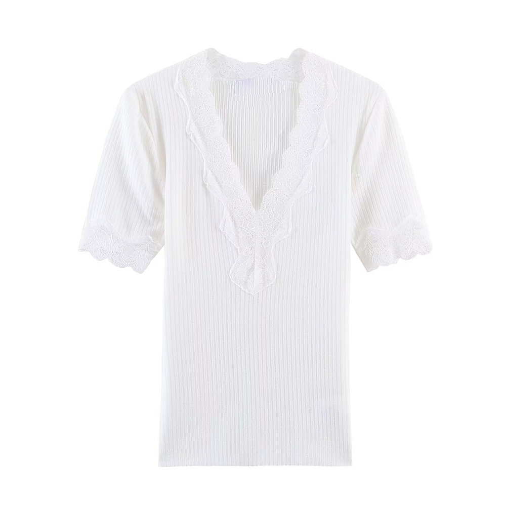 Women's slim V-neck lace ribbed T-shirt