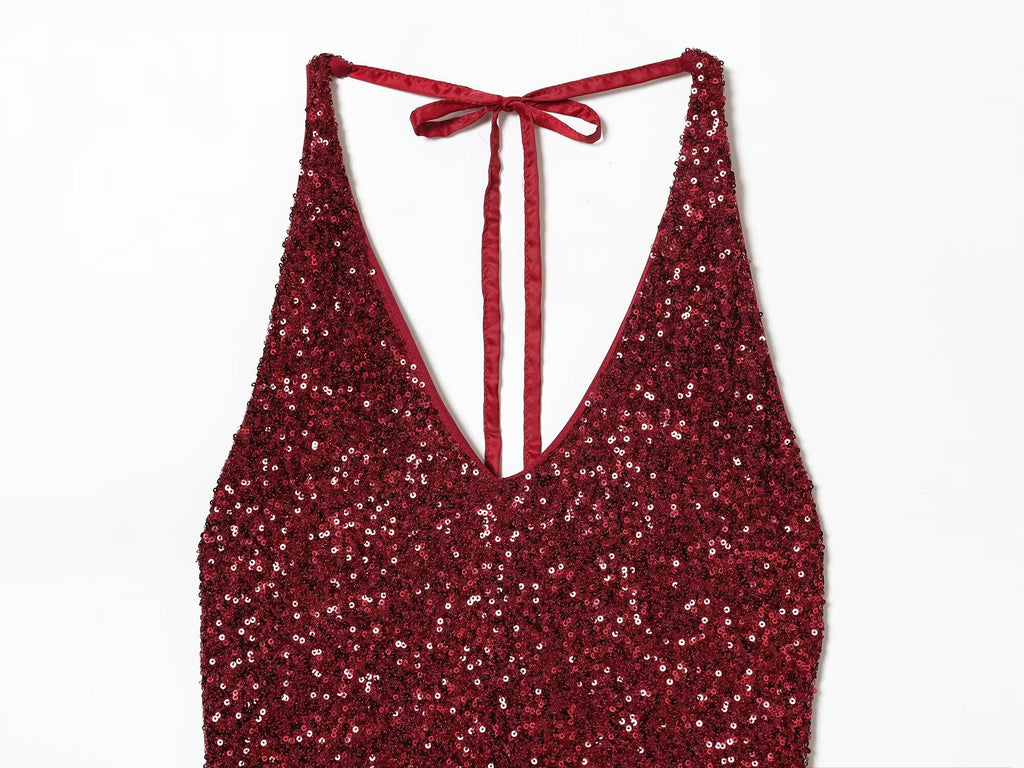 Women's pearl decoration hanging neck MIDI dress
