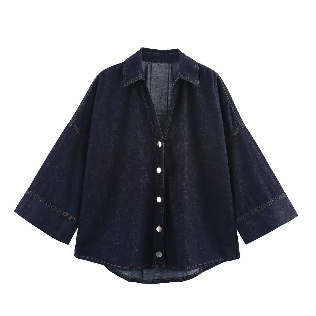 Women's new fashion wide sleeved single breasted denim shirt+Jeans suit