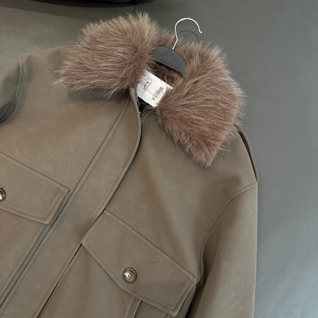 Women's new Anti suede effect detachable fur collar jacket Coat