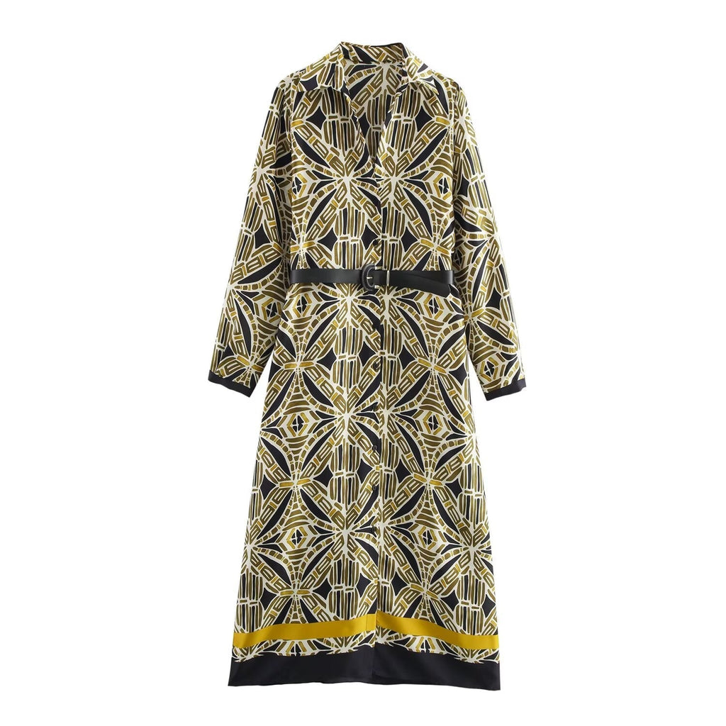 Women's new Chic Fashion belt decoration loose single breasted printed MIDI dress retro lapel long sleeved women's dress Mujer
