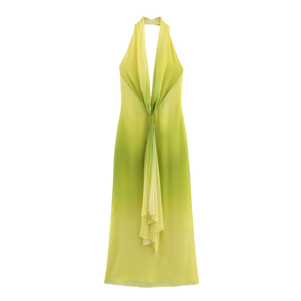 Women's new fashion tie Knot decoration chiffon printed MIDI dress