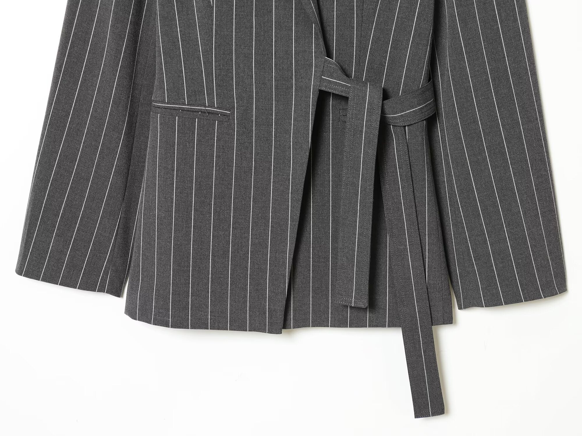 suit Women's 2 pieces wrap style lace up striped Blazer Coat +Pants