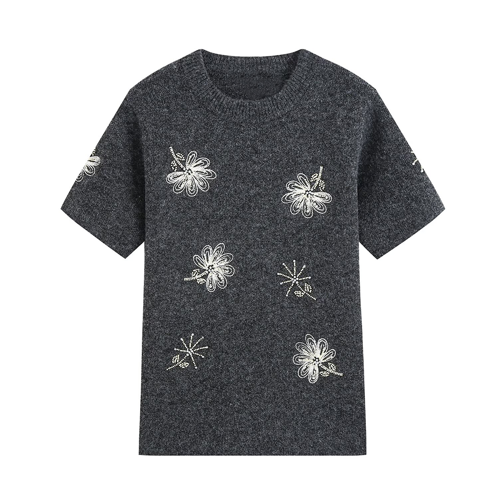 Women's beaded short sleeved knitted sweater