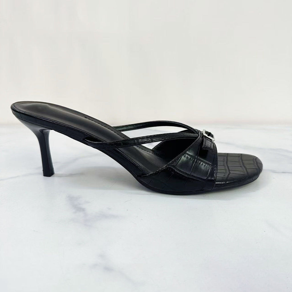 Women's 2025 New Fashion Joker Crocodile High-heeled Stilettos with Round Head Buckle Sandals.