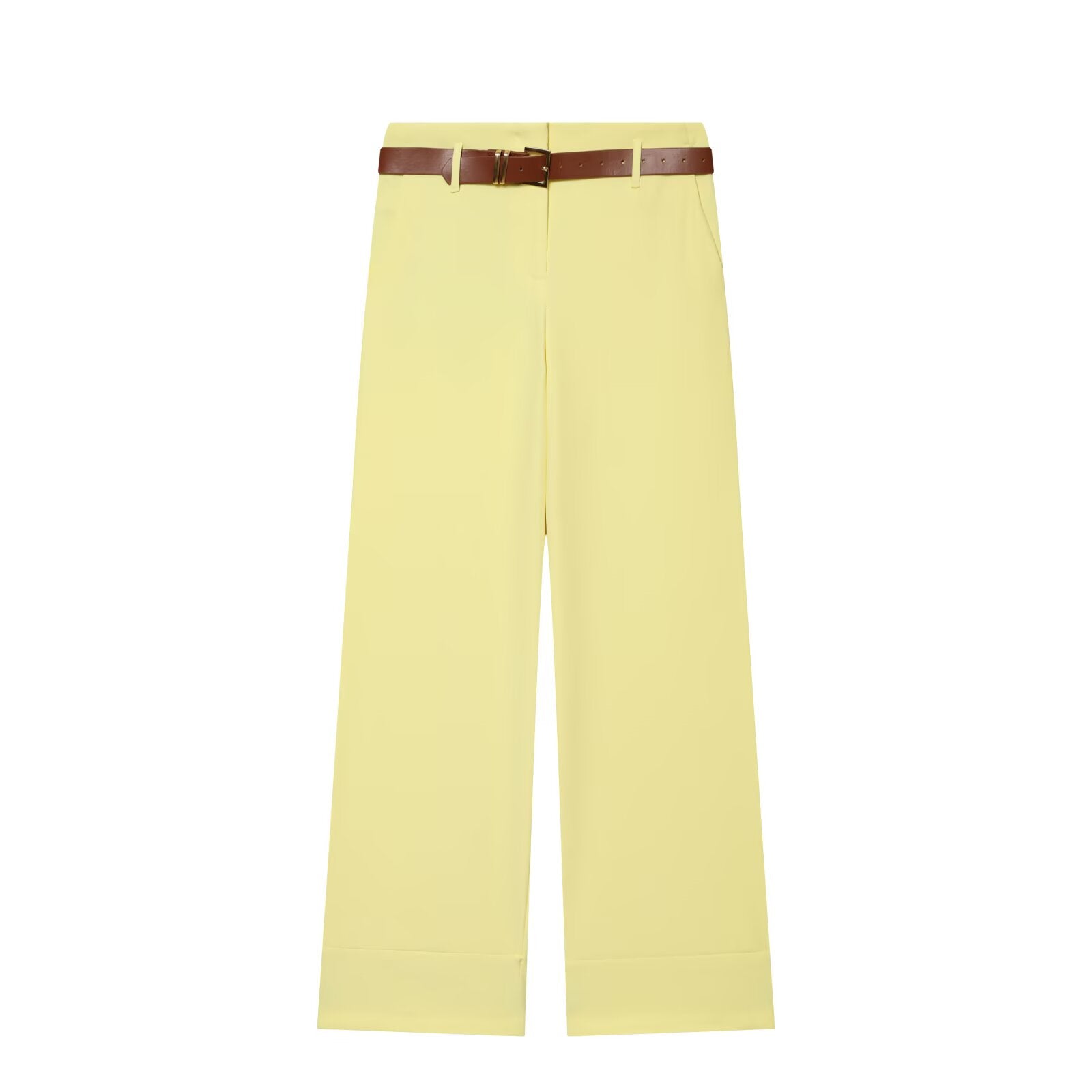 Women's With Belt high waisted straight leg rolled edge pants