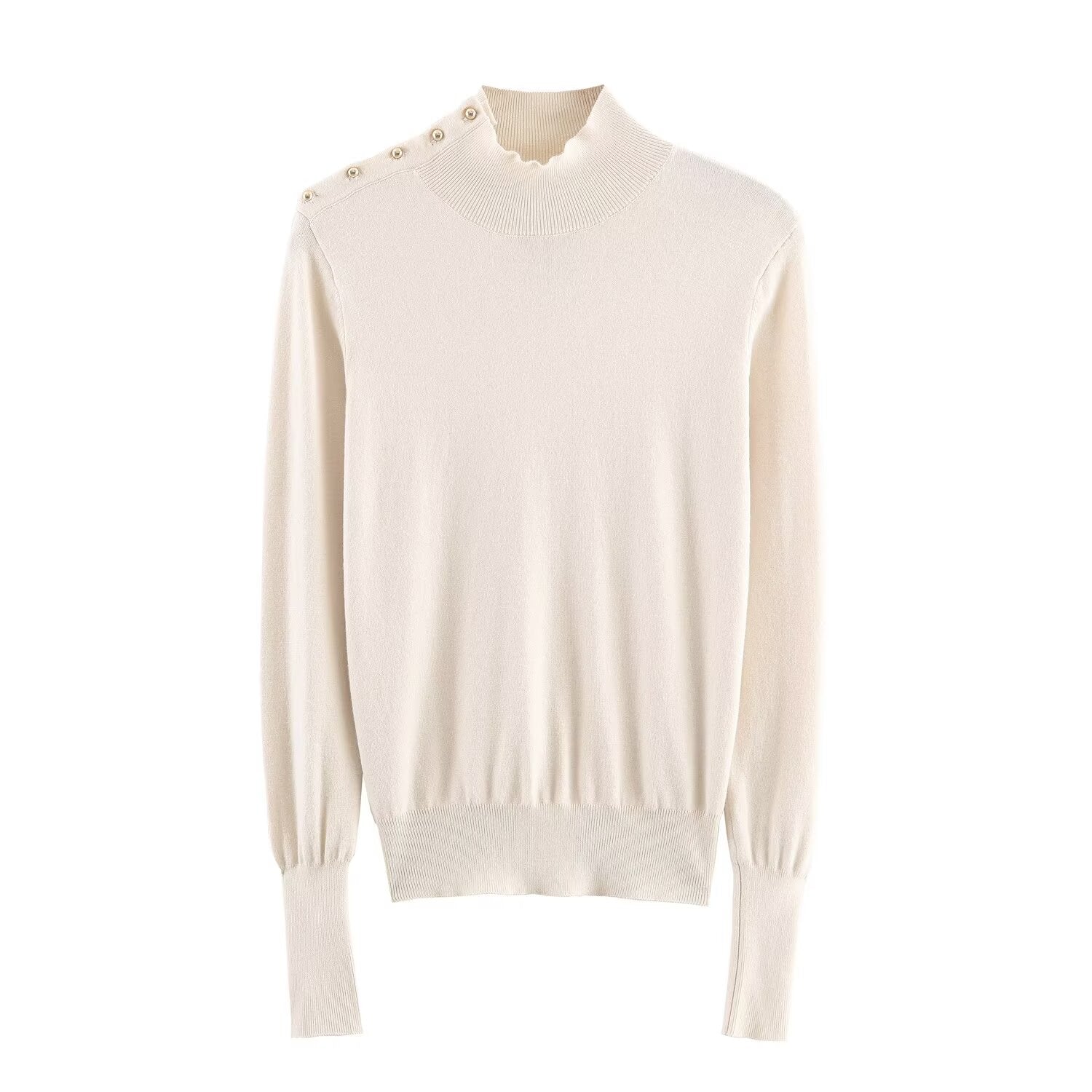 Women's buckle decoration slim stand collar knitted sweater