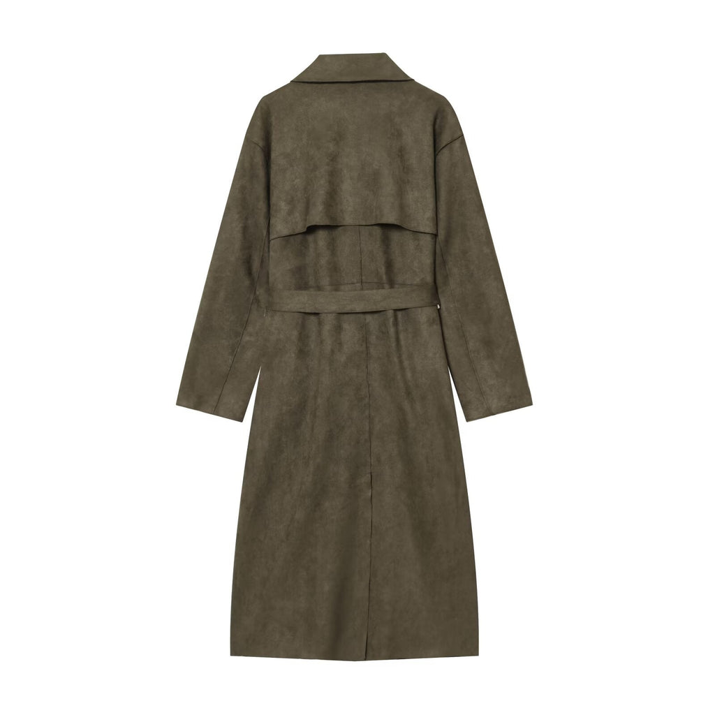 Women's new fashion with Belt long style suede effect windbreaker Coat