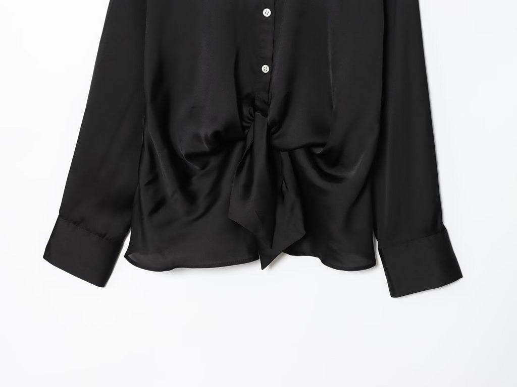 Women's new fashion knot decoration satin texture lapel shirt