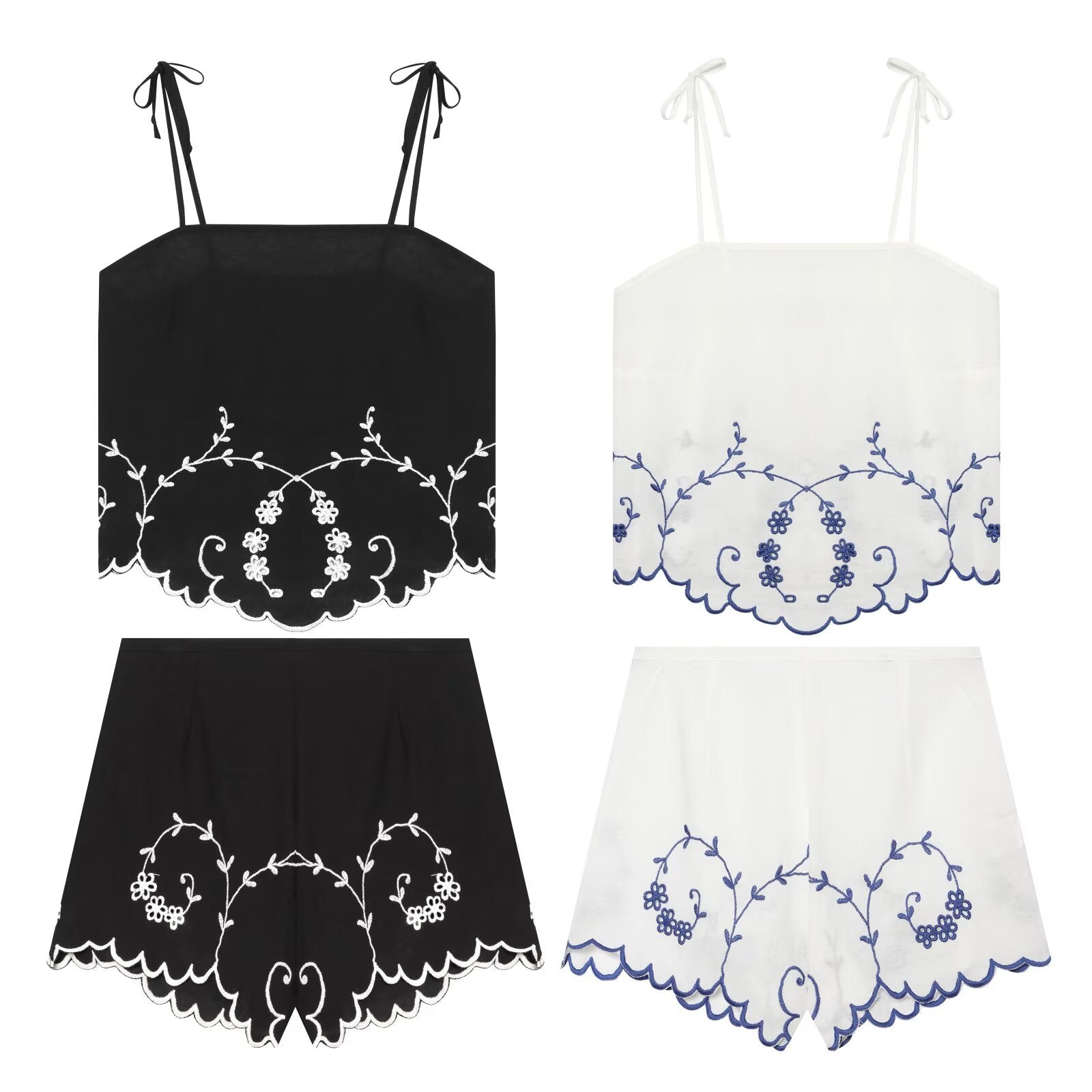 suit Women's 2 pieces linen blend embroidered top+Shorts