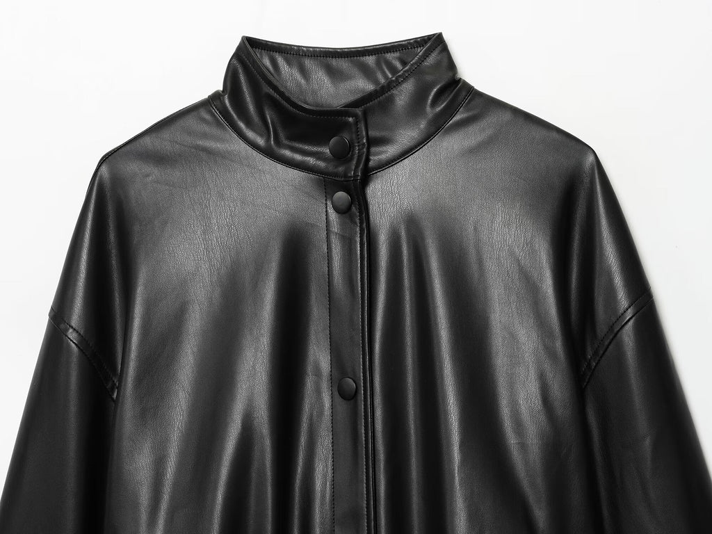 Women's new fashion black high neck faux leather flight jacket Coat