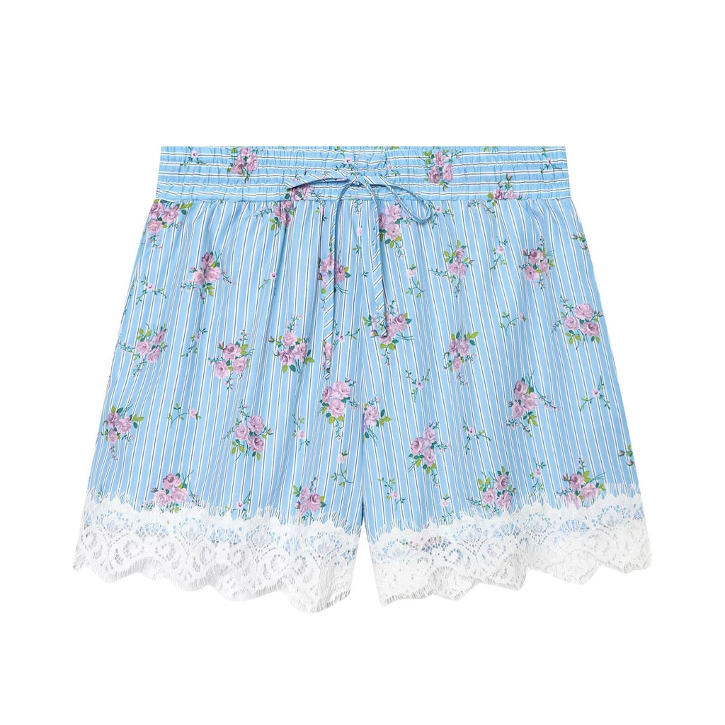 suit Women's 2 pieces striped printed shirt+striped lace shorts