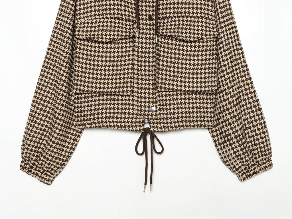 Women's with drawstring retro checkered short Coat