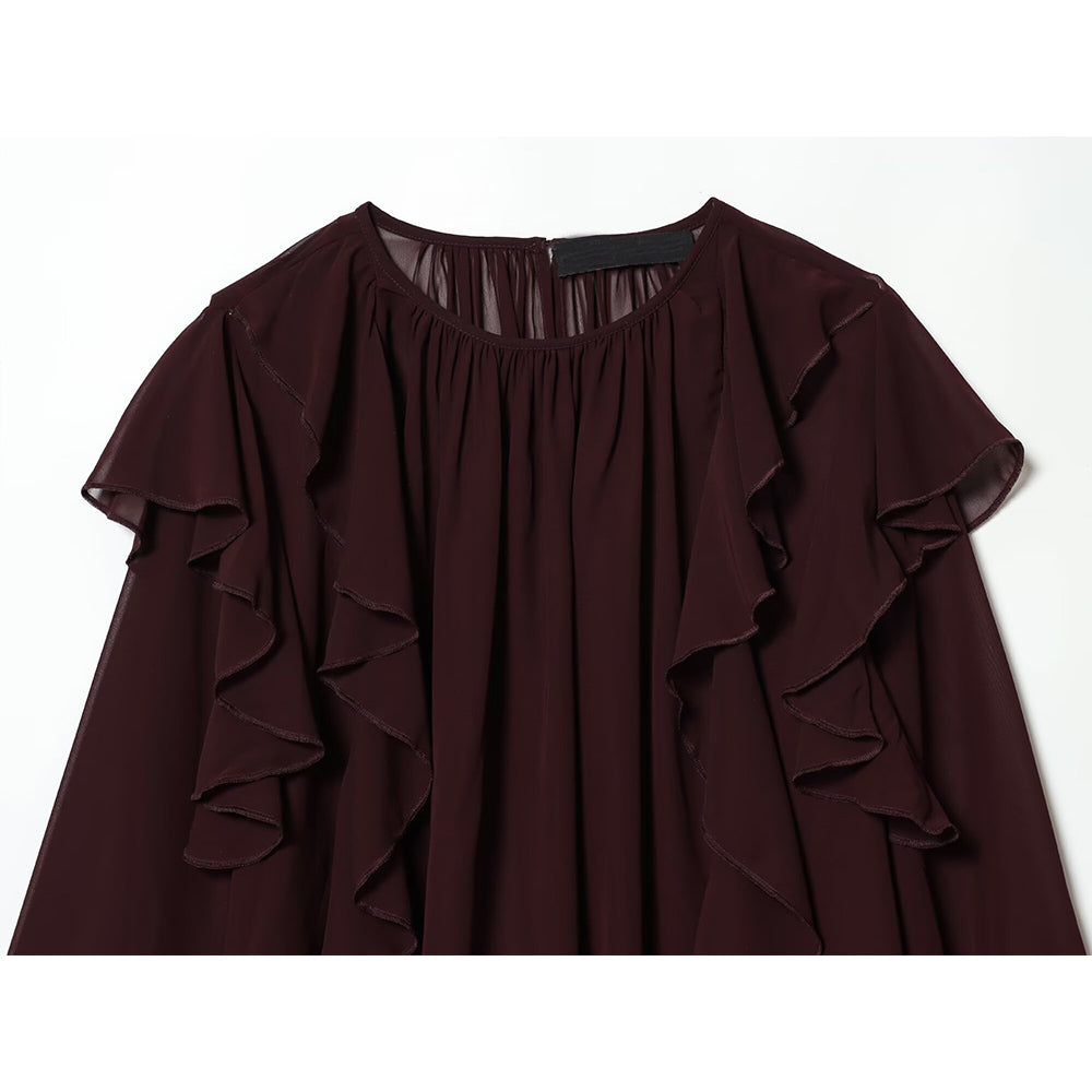 Women's ruffled edge decoration O Neck pleated top