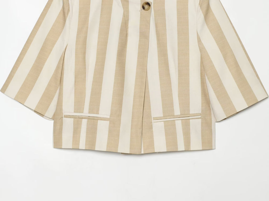 Women's slim short sleeved striped Blazer Coat