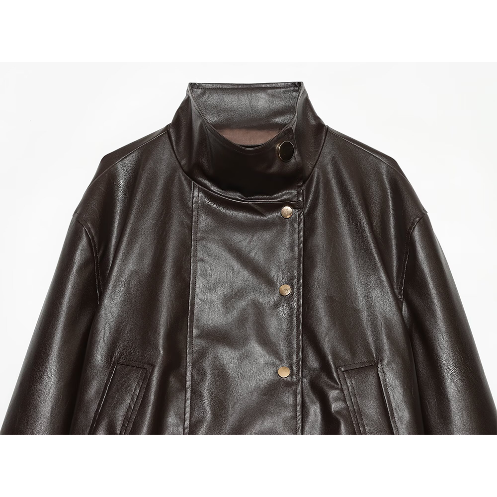 Women's leather effect standing collar pilot jacket Coat