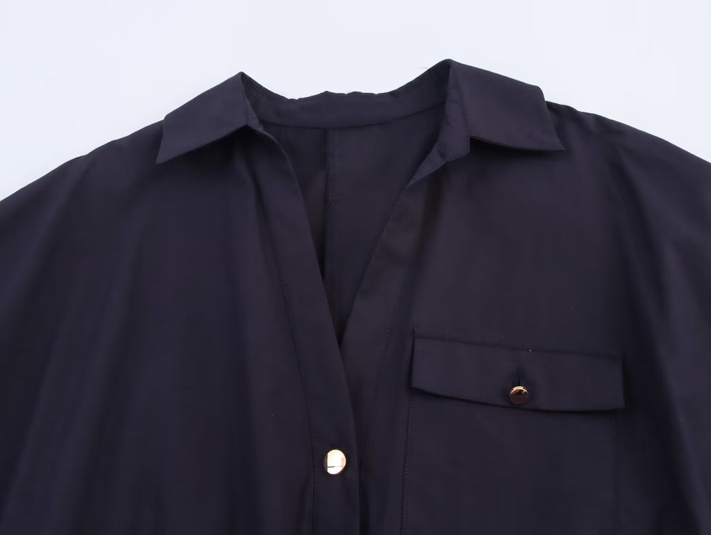 Women's New Fashion With Belt Casual Single breasted Poplin Shirt
