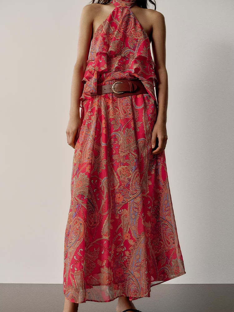 suit Women's 2 pieces printed hanging collar top+Skirts