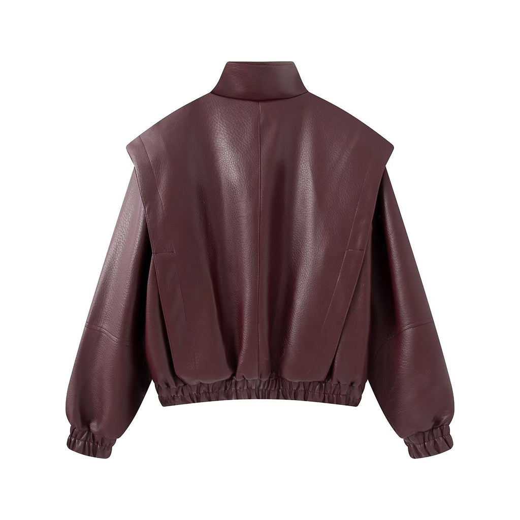Women's stand collar fake two-piece Faux Leather jacket