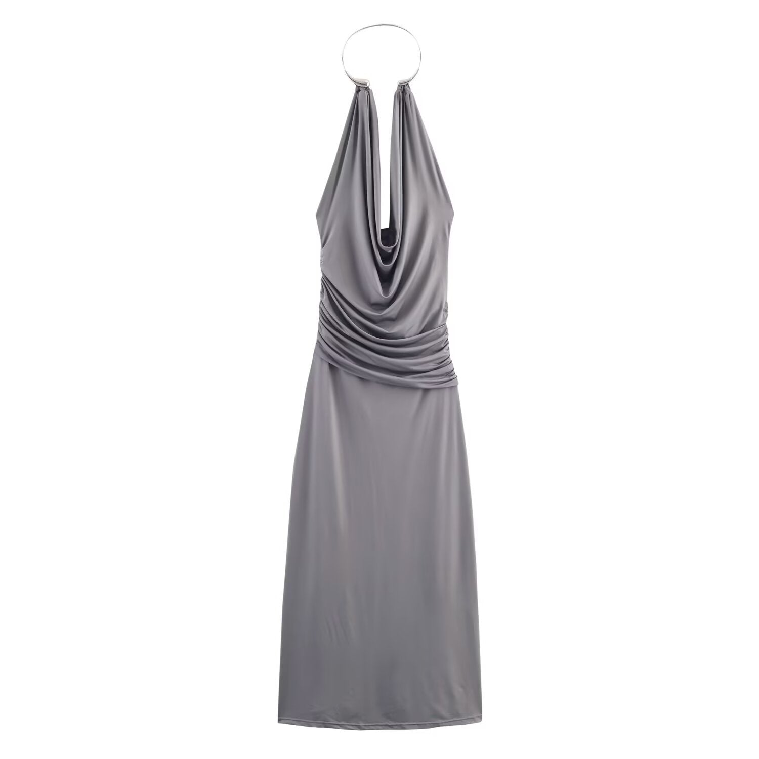 Women's new fashion sexy pleated hanging collar MIDI dress