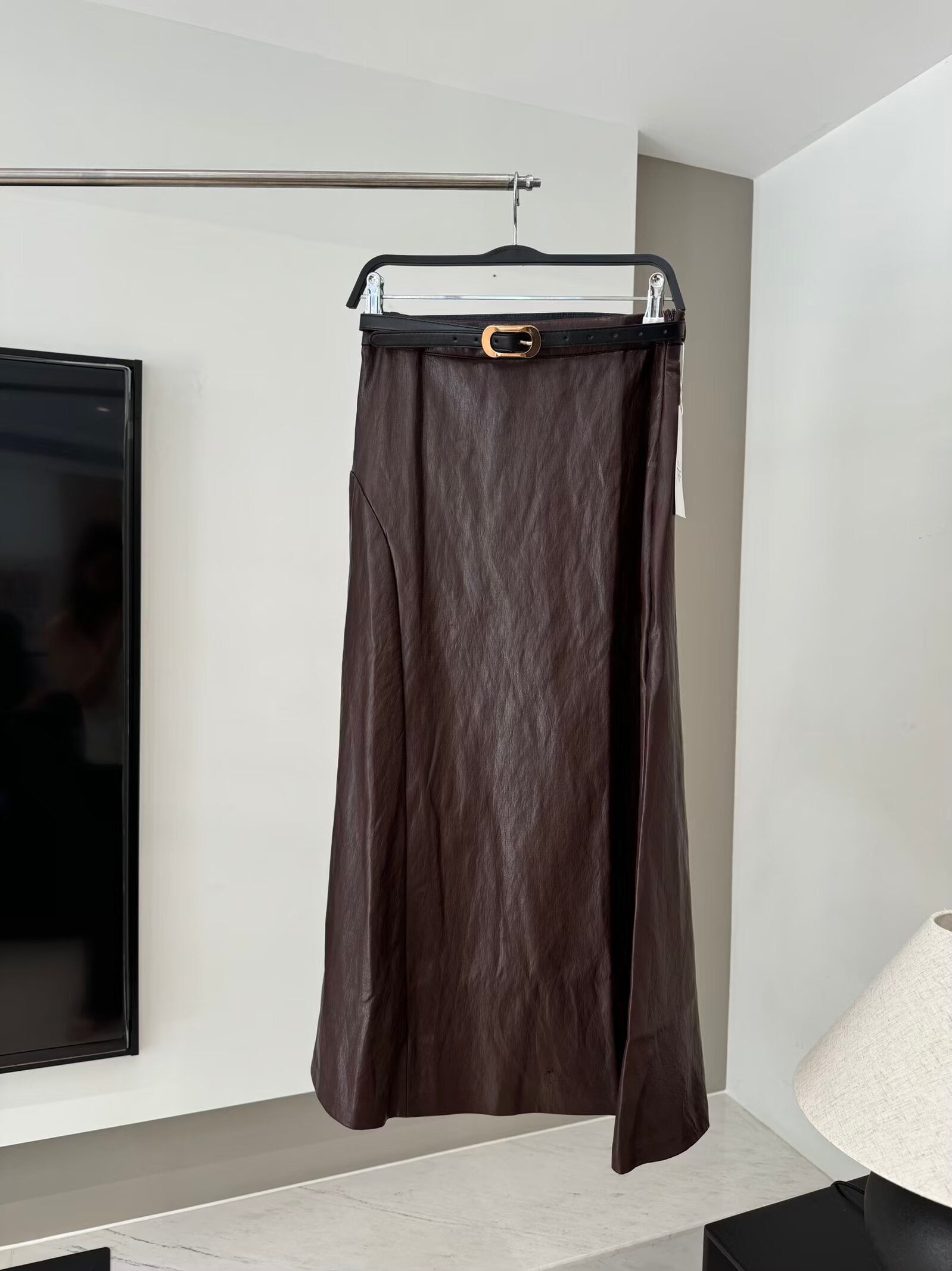 Women's New Fashion With Belt Casual Leather Effect Midi Skirt