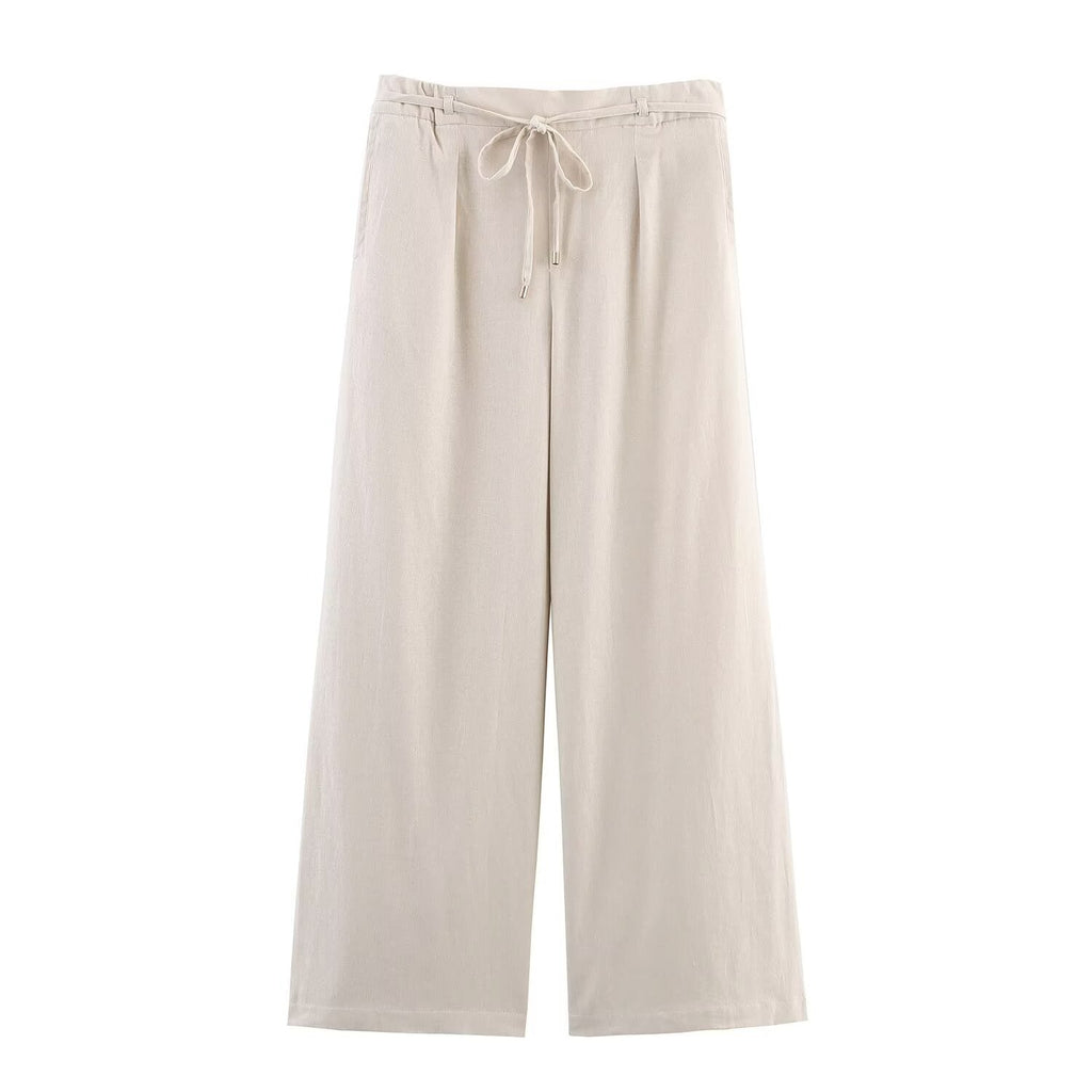 Women's new fashion with Belt loose casual linen blended wide leg pants