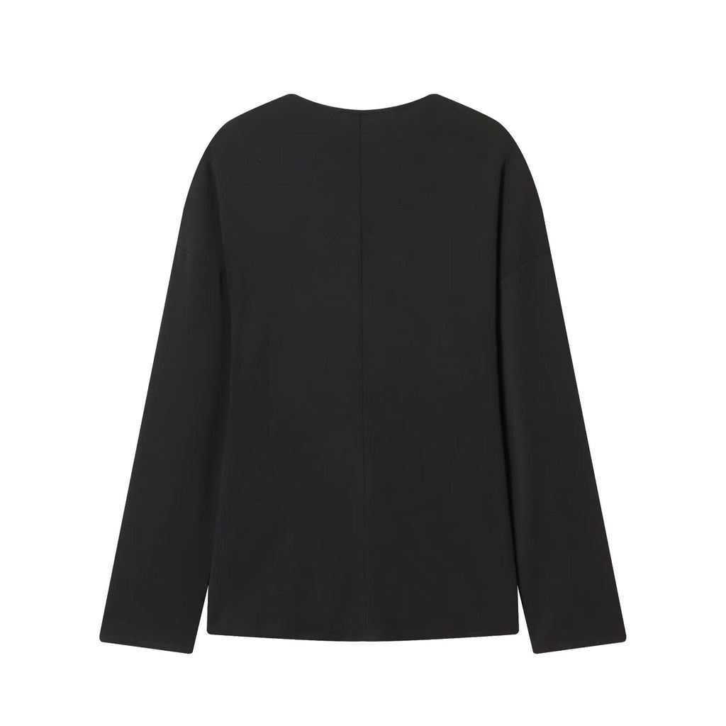 Women's New Black V-neck Button-up Top