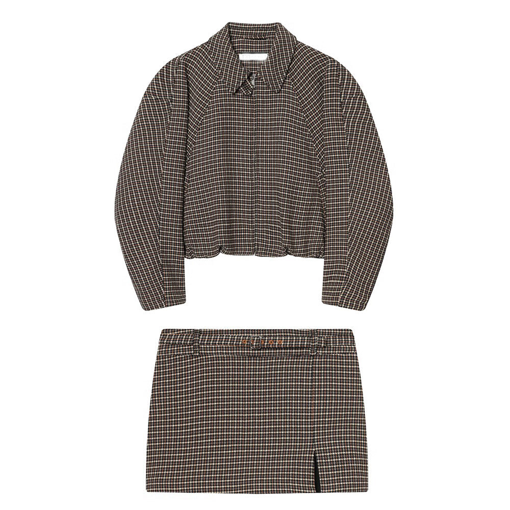 suit Women's 2 pieces plaid cotton pilot jacket Coat+Skirts