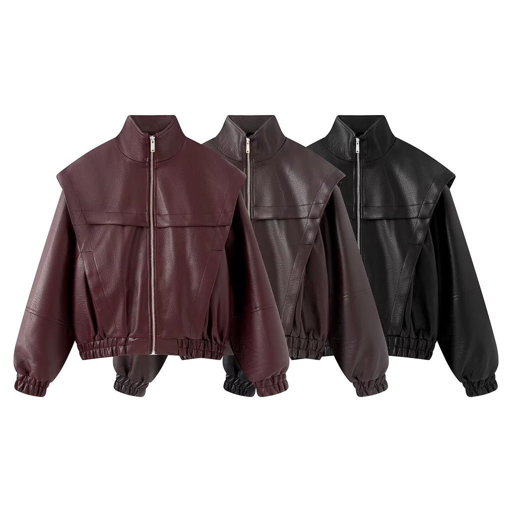 Women's stand collar fake two-piece Faux Leather jacket