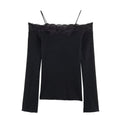 Women's off shoulder long sleeved patchwork T-shirt