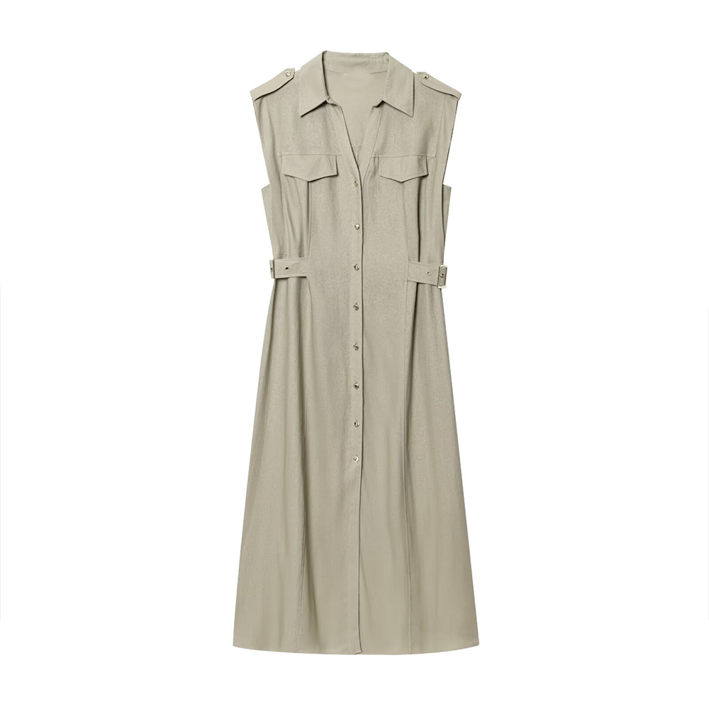 Women's shirt style linen blended MIDI dress