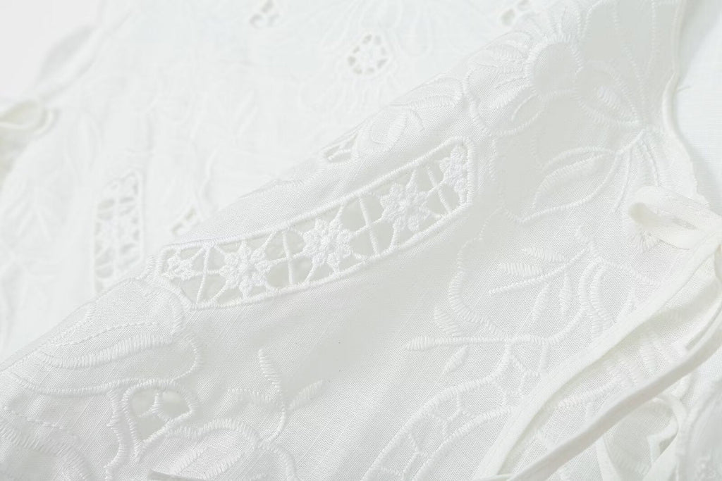 Women's bow decoration hollow embroidery top