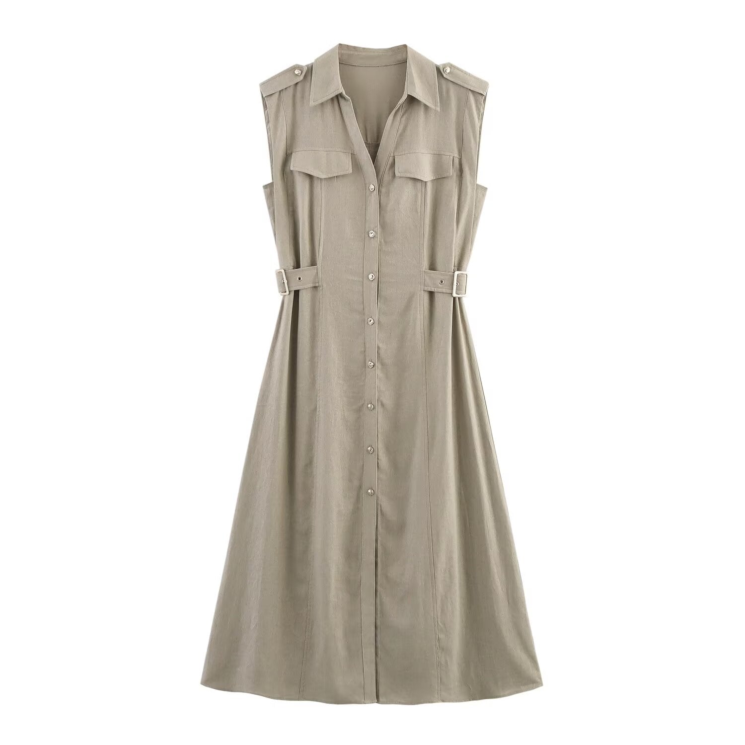 Women's new chic fashion flip decoration casual single breasted linen blended MIDI dress retro sleeveless women's dress