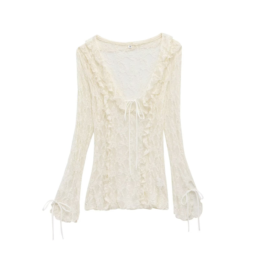 Women's new fashion layered decoration slim Lace up V-neck lace top