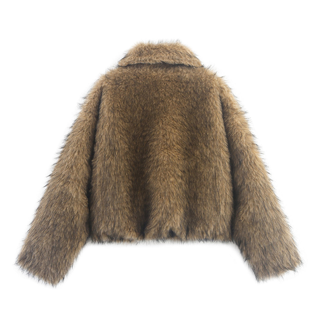 Women's new fashion short lapel Fur Faux Leather jacket Coat