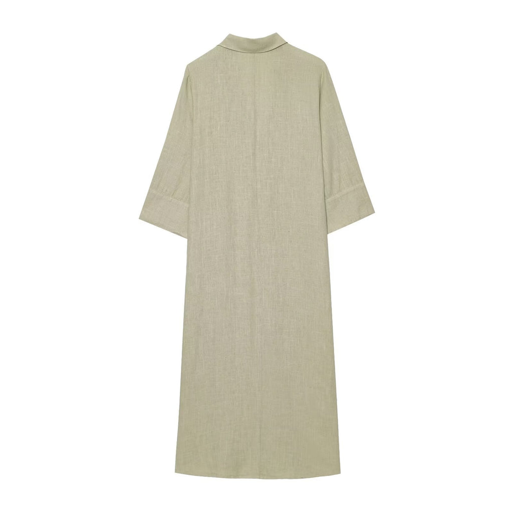 Women's new fashion buckle decoration loose linen blend shirt style MIDI dress