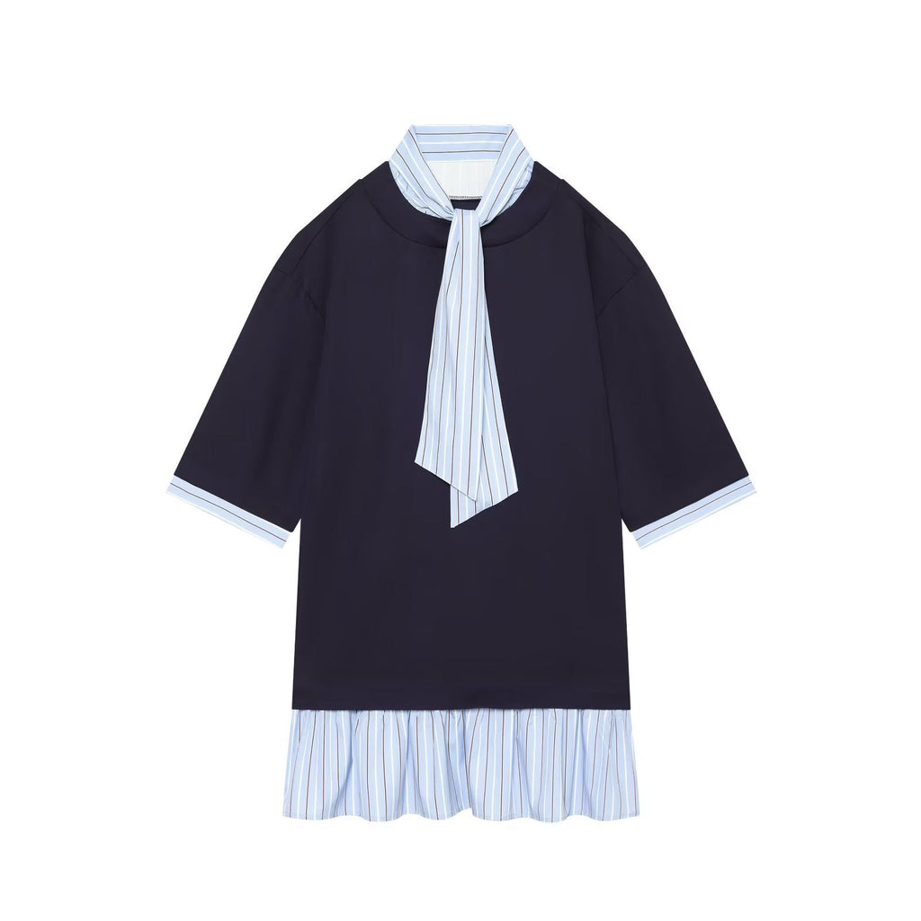 Women's tie decoration splicing striped mini dress