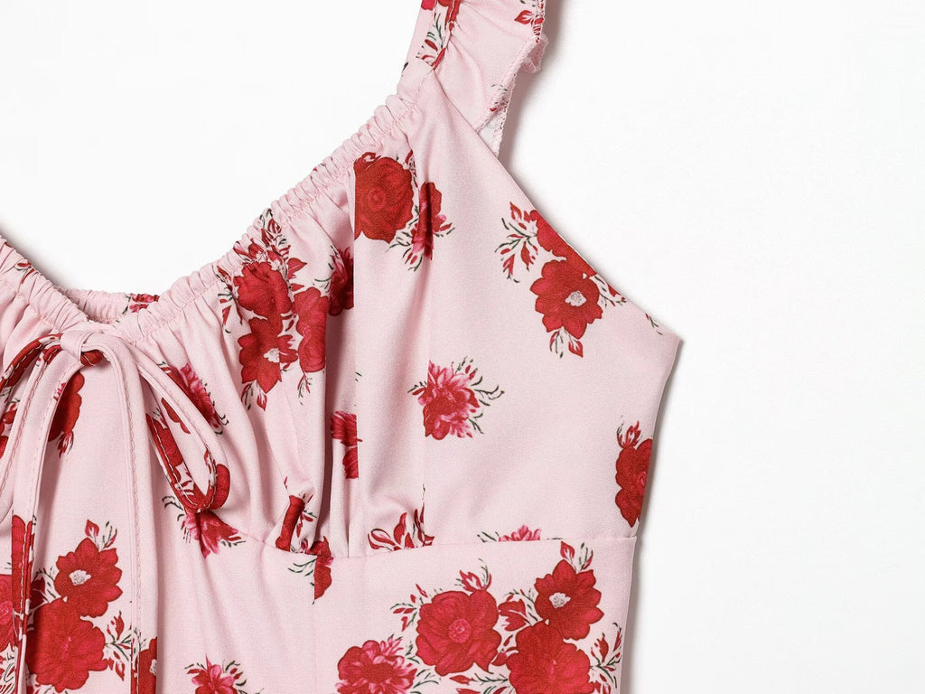 Women's printed ruffle edge suspender dress