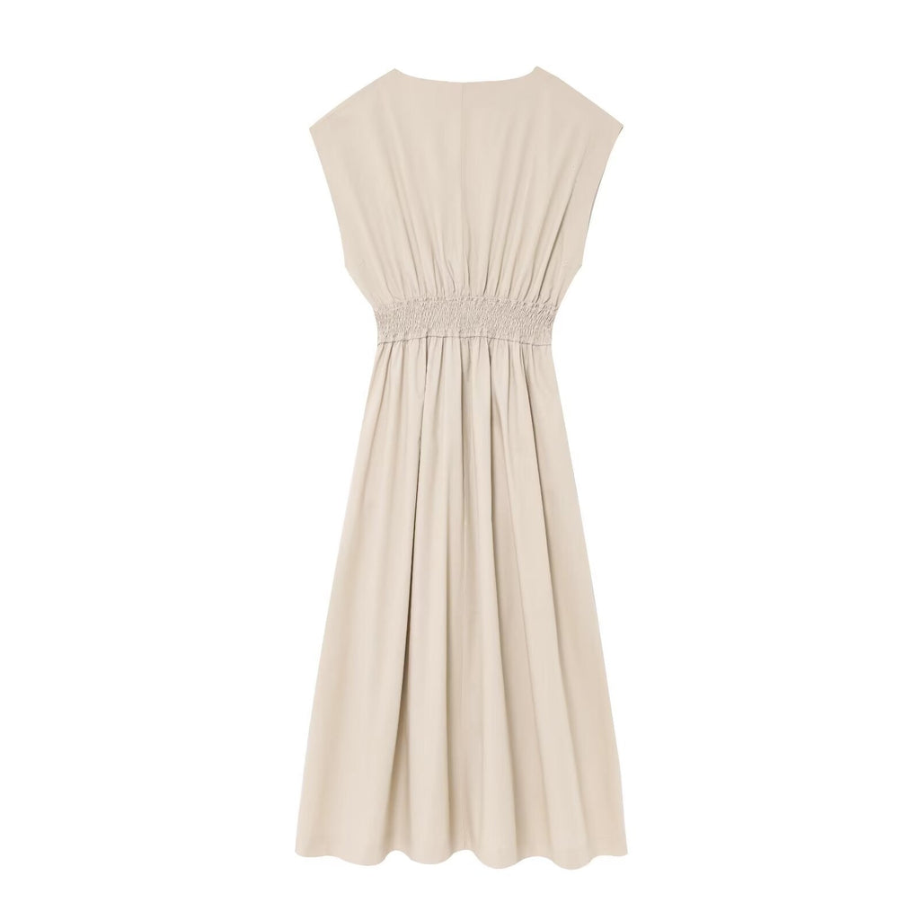 Women's new fashion pleated decoration casual V-neck sleeveless MIDI dress
