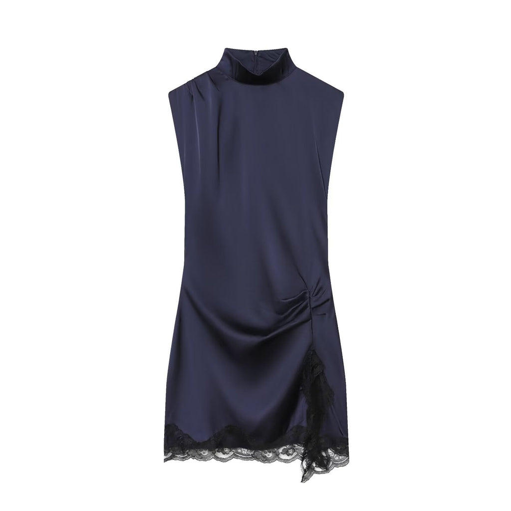 Women's lace patchwork satin texture mini dress