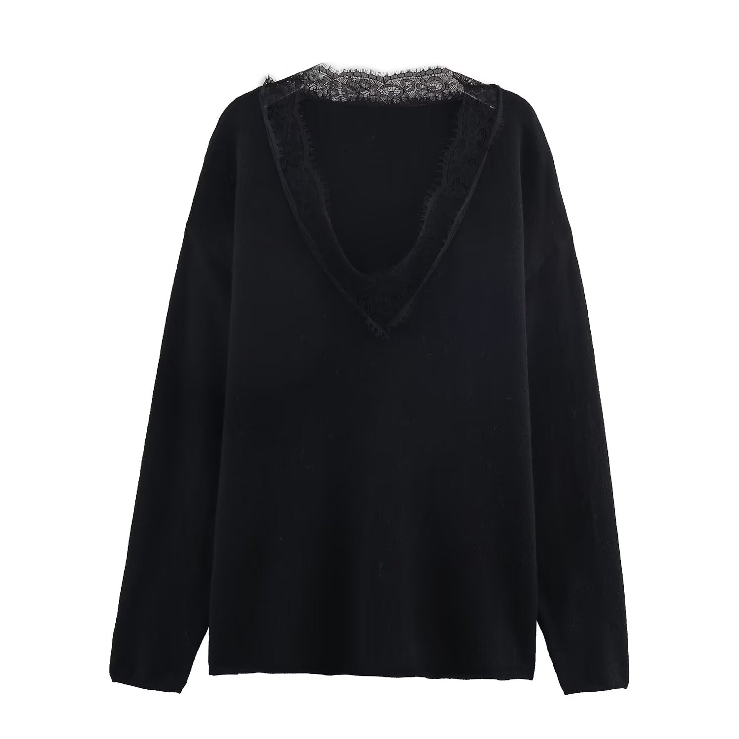 Women's lace decorated loose V-neck knitted sweater