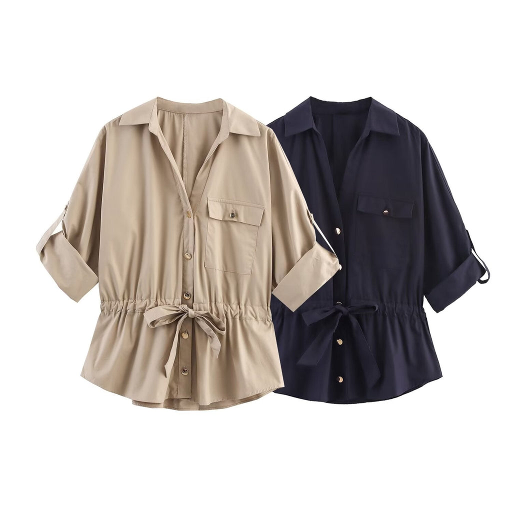 Women's New Fashion With Belt Casual Single breasted Poplin Shirt